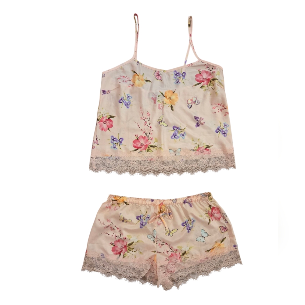 NWOT INC International Concepts Pink Floral Pajama Set with Lace Details - XS